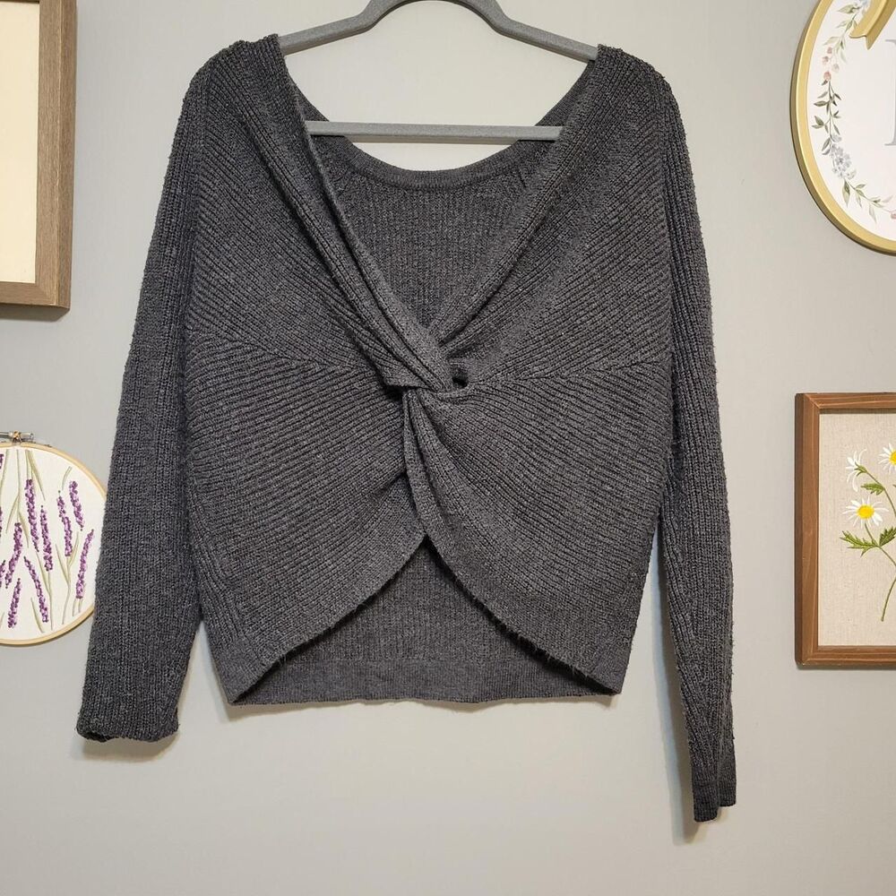 Aerie Charcoal Gray Ribbed Knit Twist Back Sweater Cozy Lounge Ballet